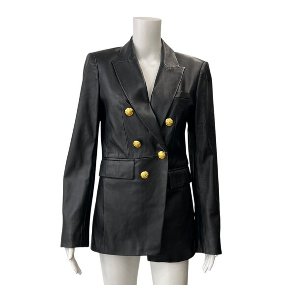 $1395 Veronica Beard Black Leather Gaya Double Breasted Dickey Jacket size 6 - Picture 2 of 12